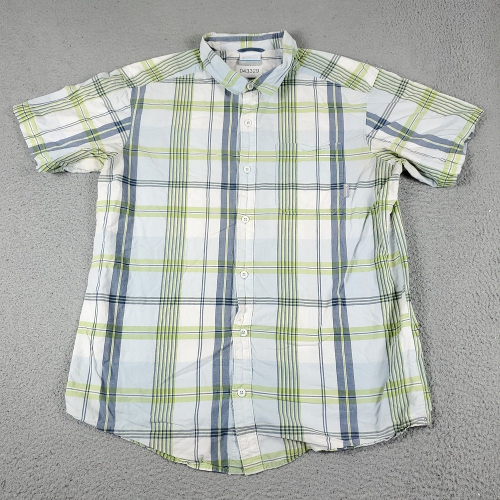 Columbia Shirt Mens Size Large Blue Green Plaid Casual Button Up Short Sleeve *